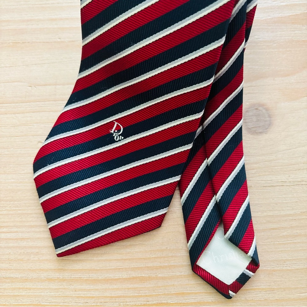 Christian Dior Vintage Red Navy Blue Striped Mens Designer Luxury Patriotic Tie‎ - Picture 2 of 7